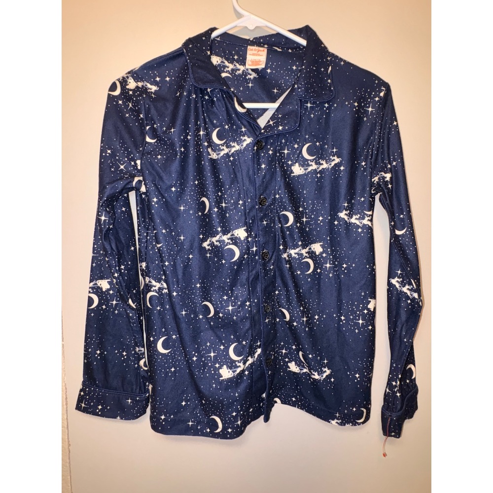 Cat & Jack Boys Navy Santa‎ Sleigh Moon Star Pajama Top Long Sleeve Size L 10/12